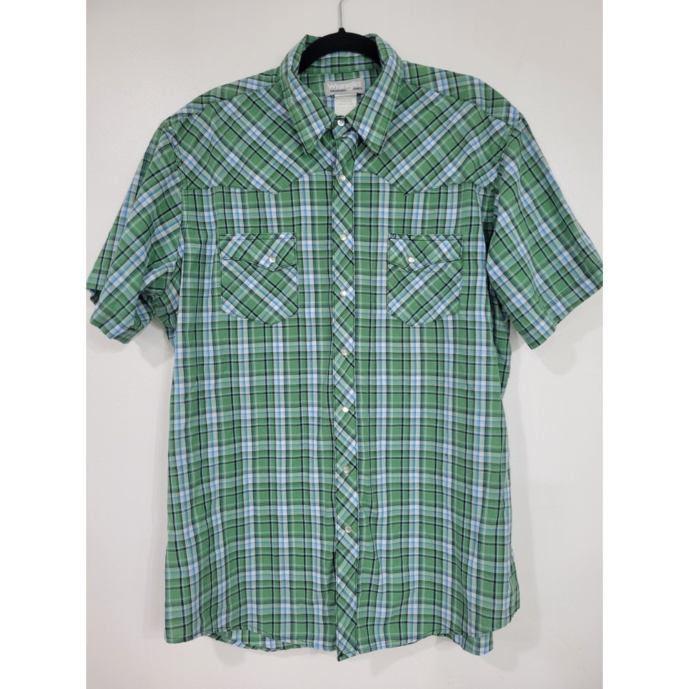 Wrangler Wrancher Pearl Snap Green Plaid Short Sleeve Shirt XLT